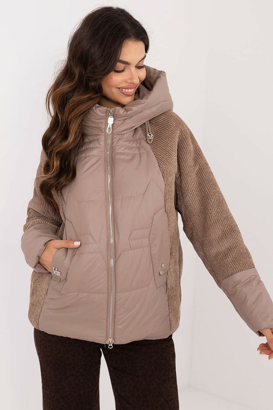 Winter jacket with textile sleeves in brown