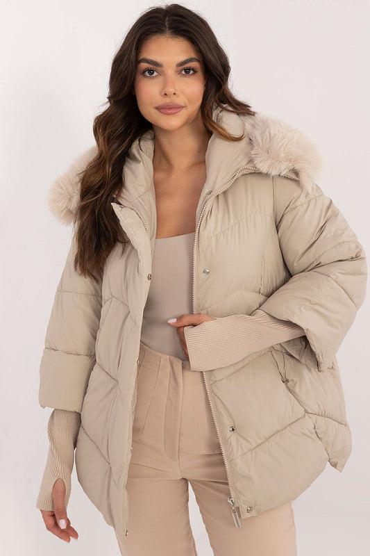 Oversized winter beige jacket with fluffy collar