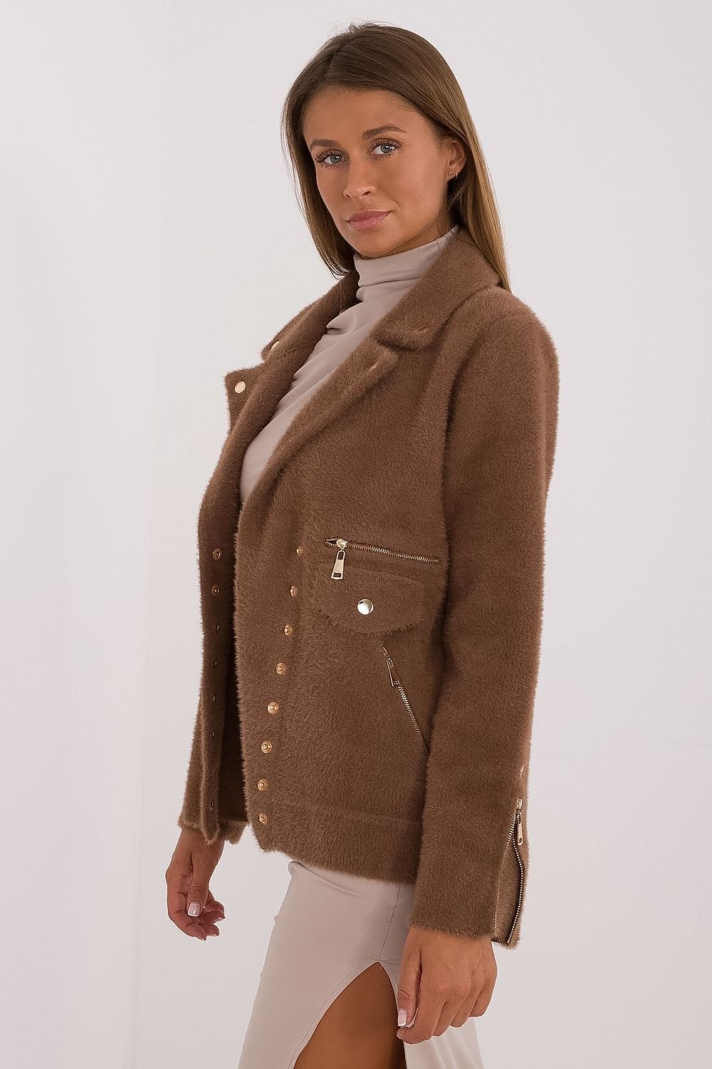 Short jacket with wool and angora in dark brown